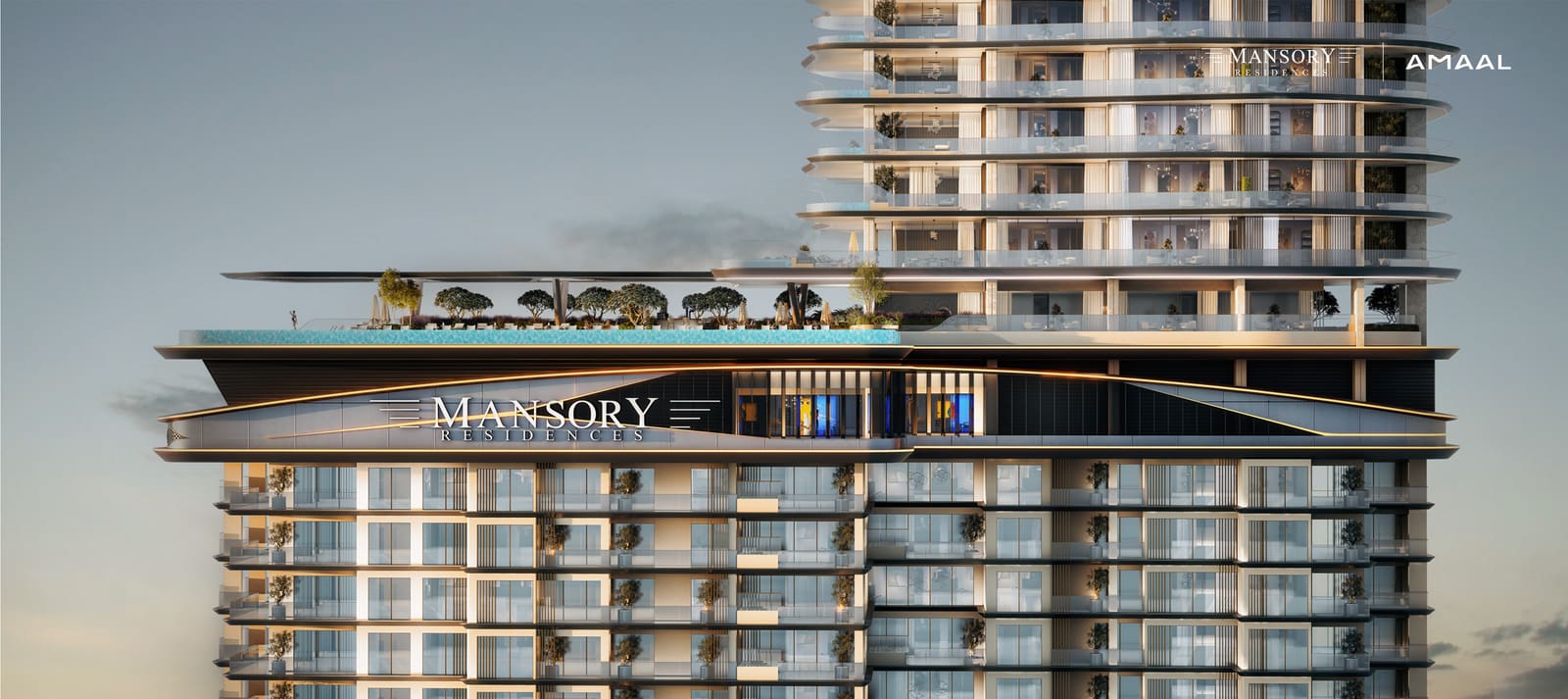 The club house band mid-tower at MANSORY Residences, with a terrace pool