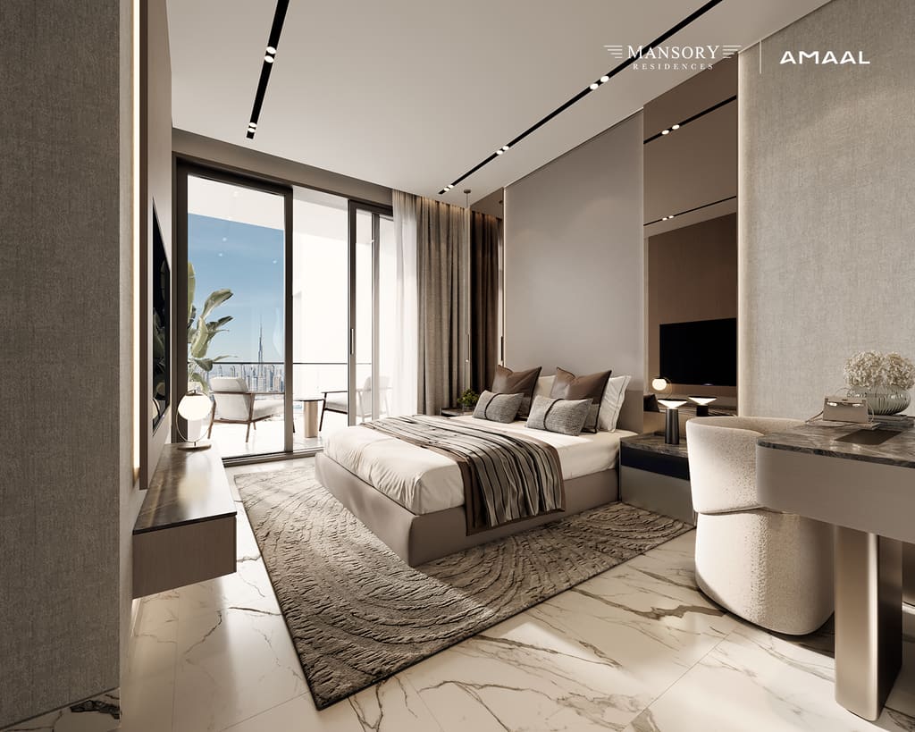 A MANSORY Residences bedroom with a sculpted headboard and layered lighting
