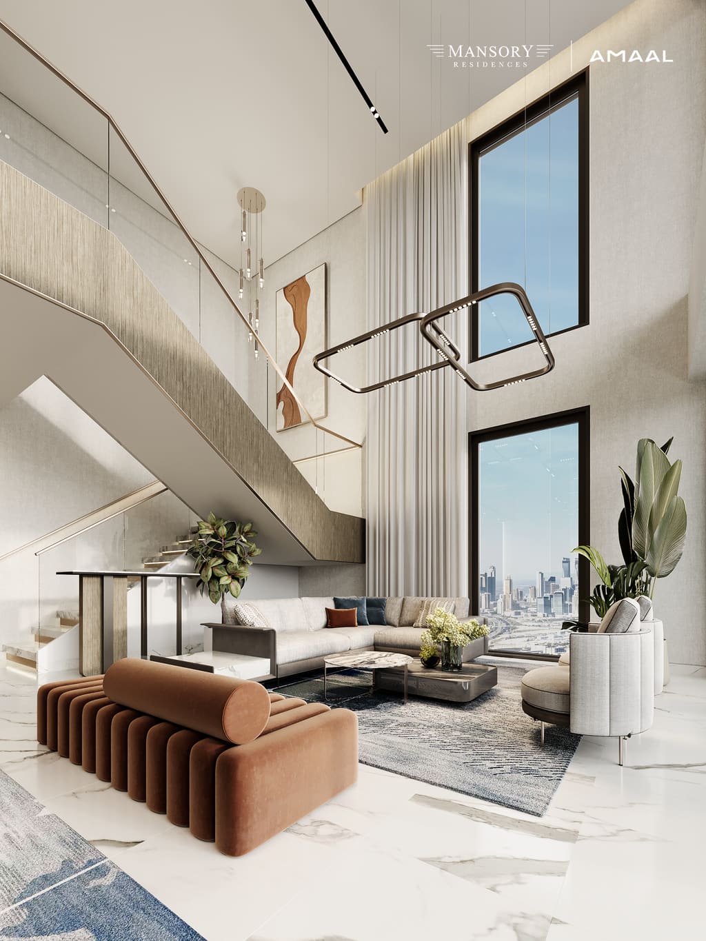 The double-height living room of a four-bedroom duplex, beneath a floating staircase