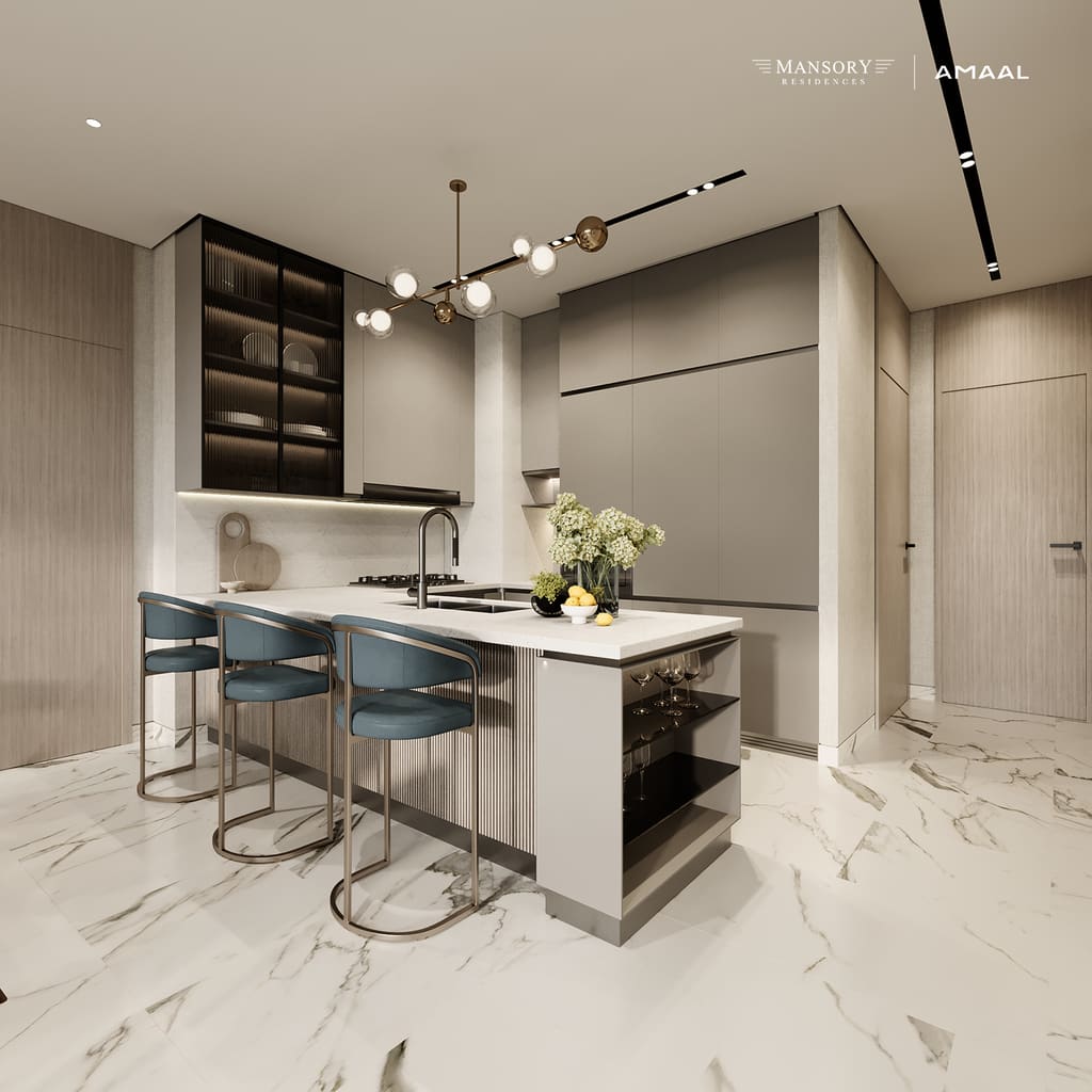 A MANSORY Residences kitchen with sleek geometry, brushed metal and custom millwork