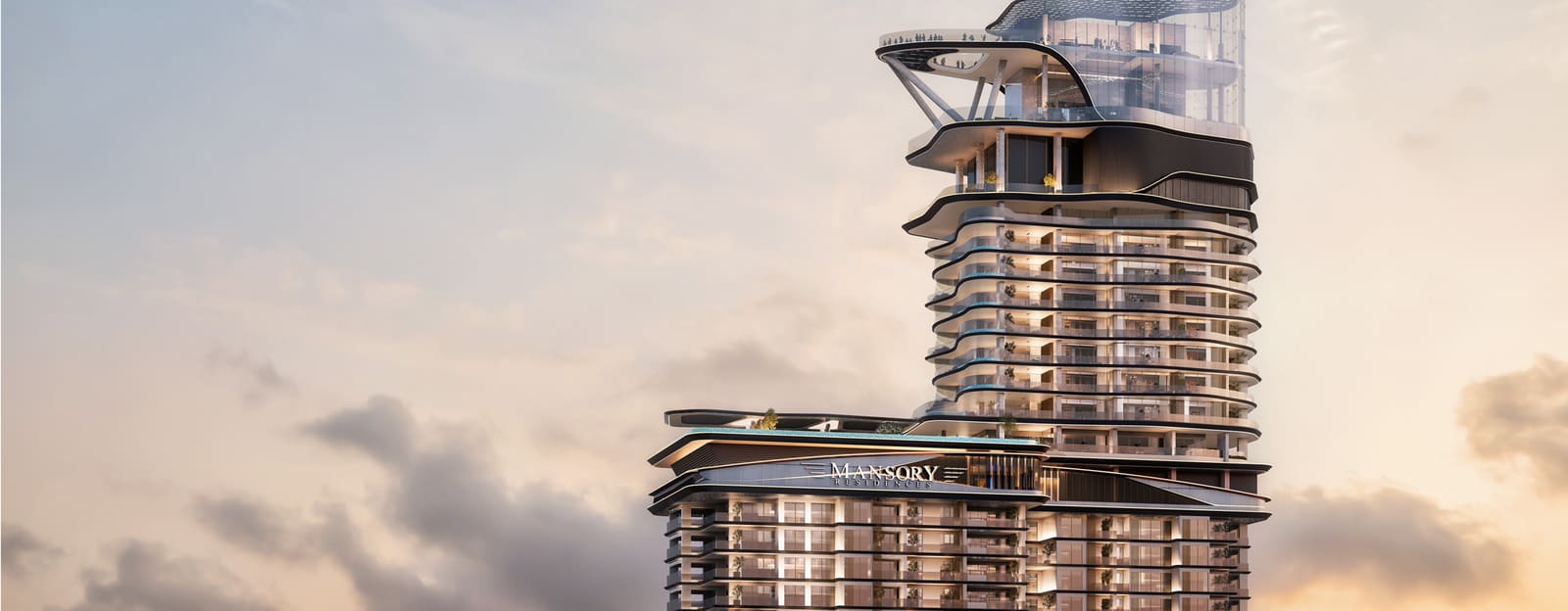 MANSORY Residences by AMAAL — the illuminated crown of the tower at dusk over Dubai