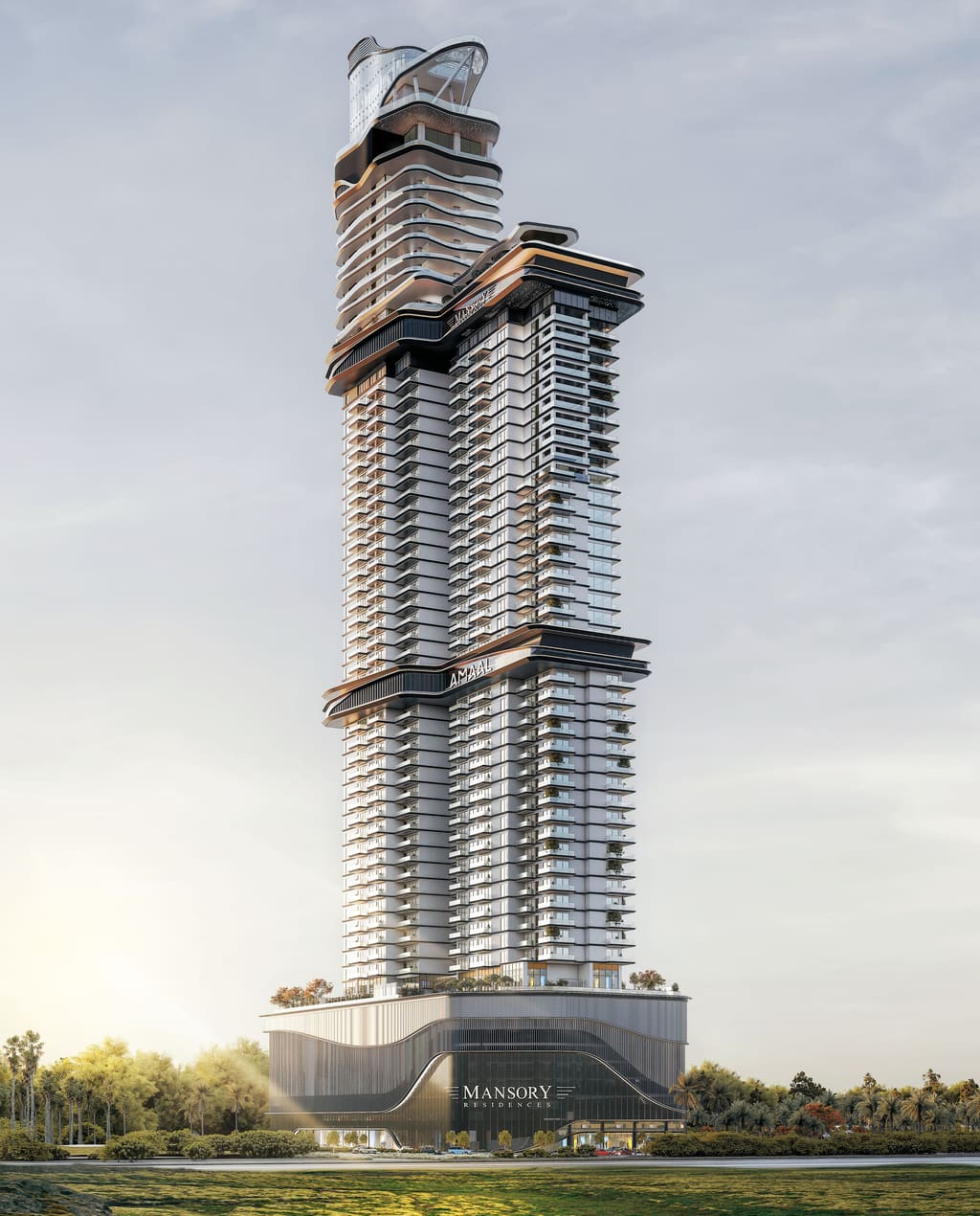 The full elevation of MANSORY Residences by AMAAL against the Dubai sky