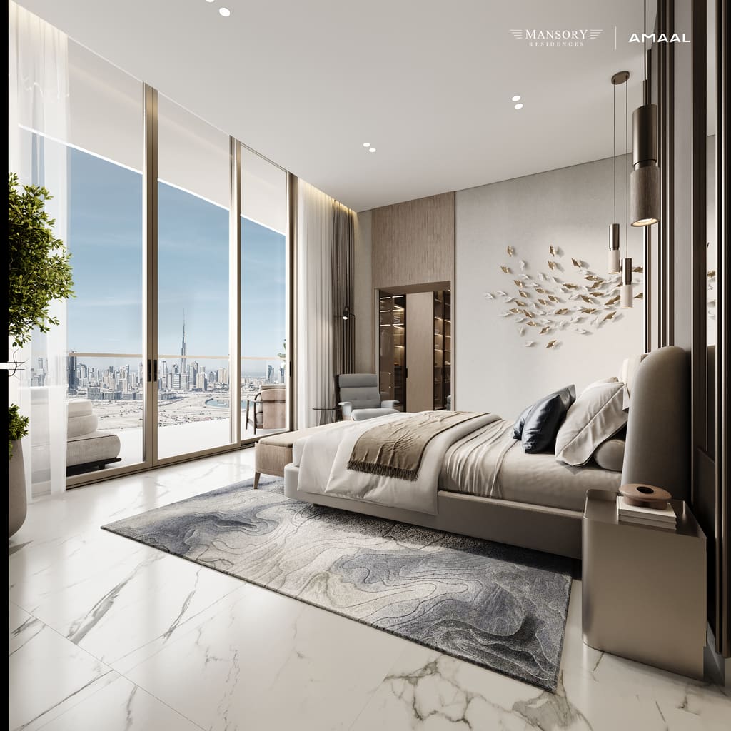 An Infinity Collection master bedroom opening onto a terrace with skyline views