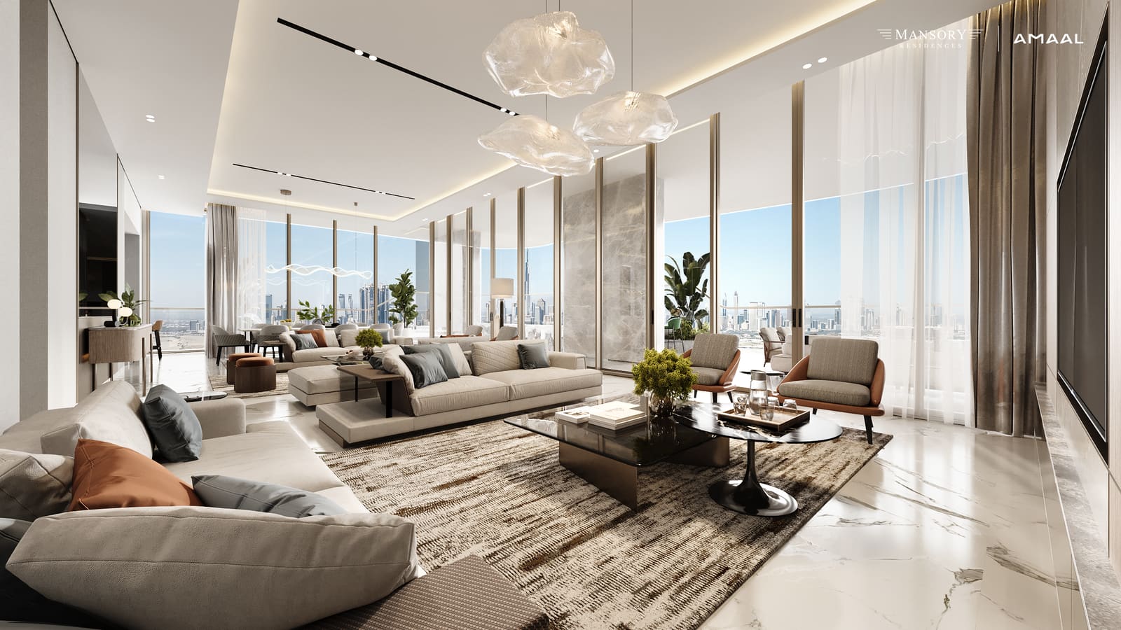 An Infinity Collection living room with an unbroken wall of glazing over Dubai
