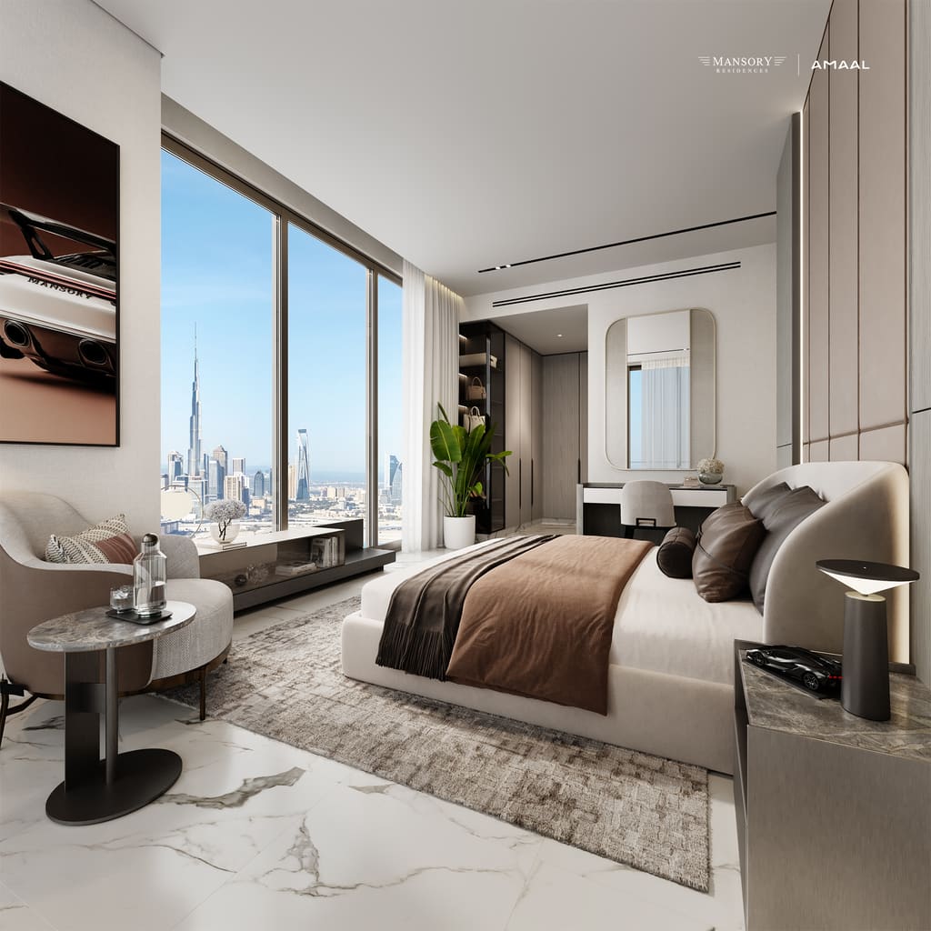A three-bedroom residence master bedroom with the Burj Khalifa framed in the window