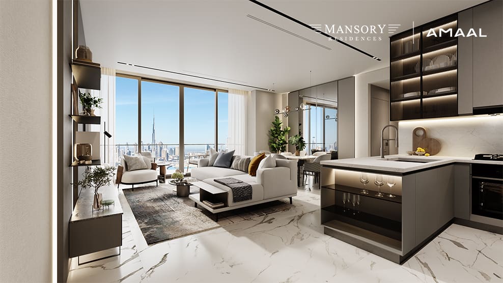 A two-bedroom residence living room with floor-to-ceiling glazing over the Dubai skyline