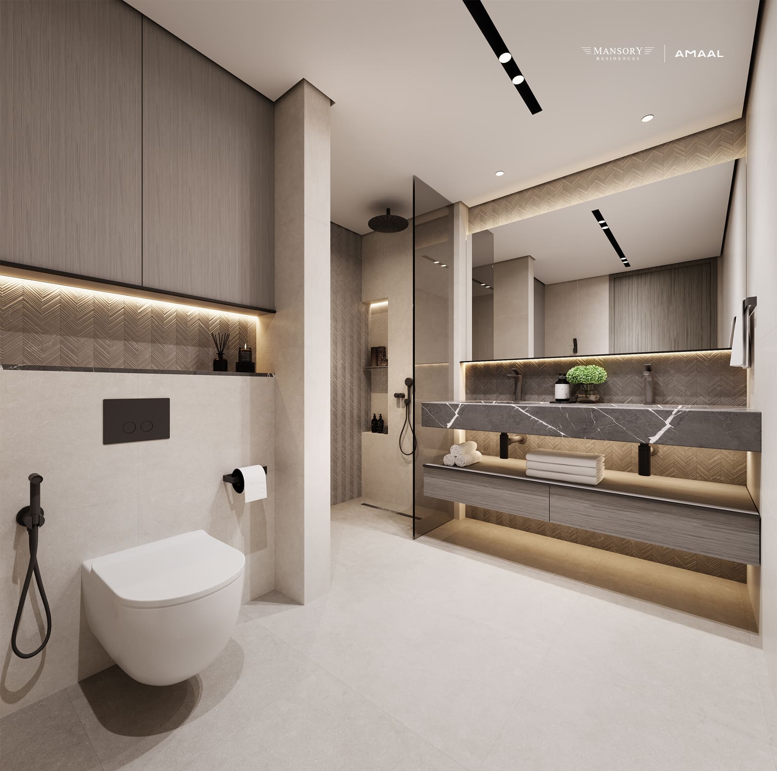 A MANSORY Residences bathroom with a floating stone vanity and matte black fixtures