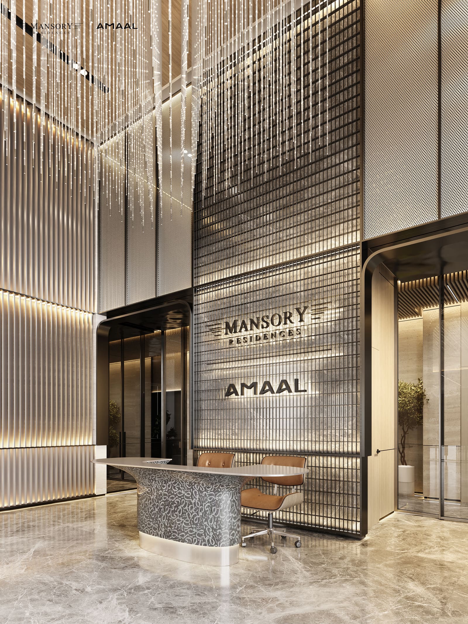 The reception lounge at MANSORY Residences, with a sculptural chandelier above the desk