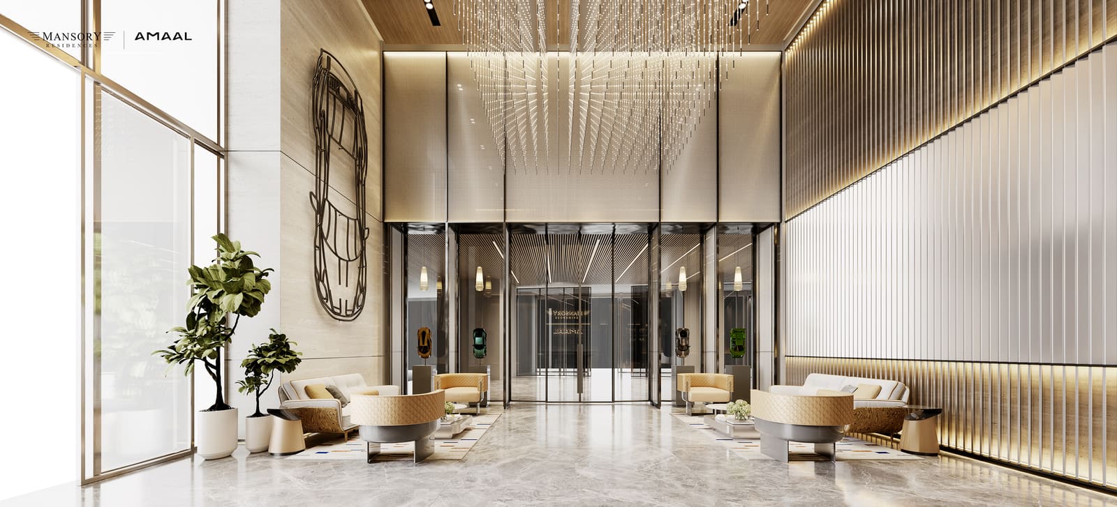 The lift lobby at MANSORY Residences, with vertical fluting carried in from the façade