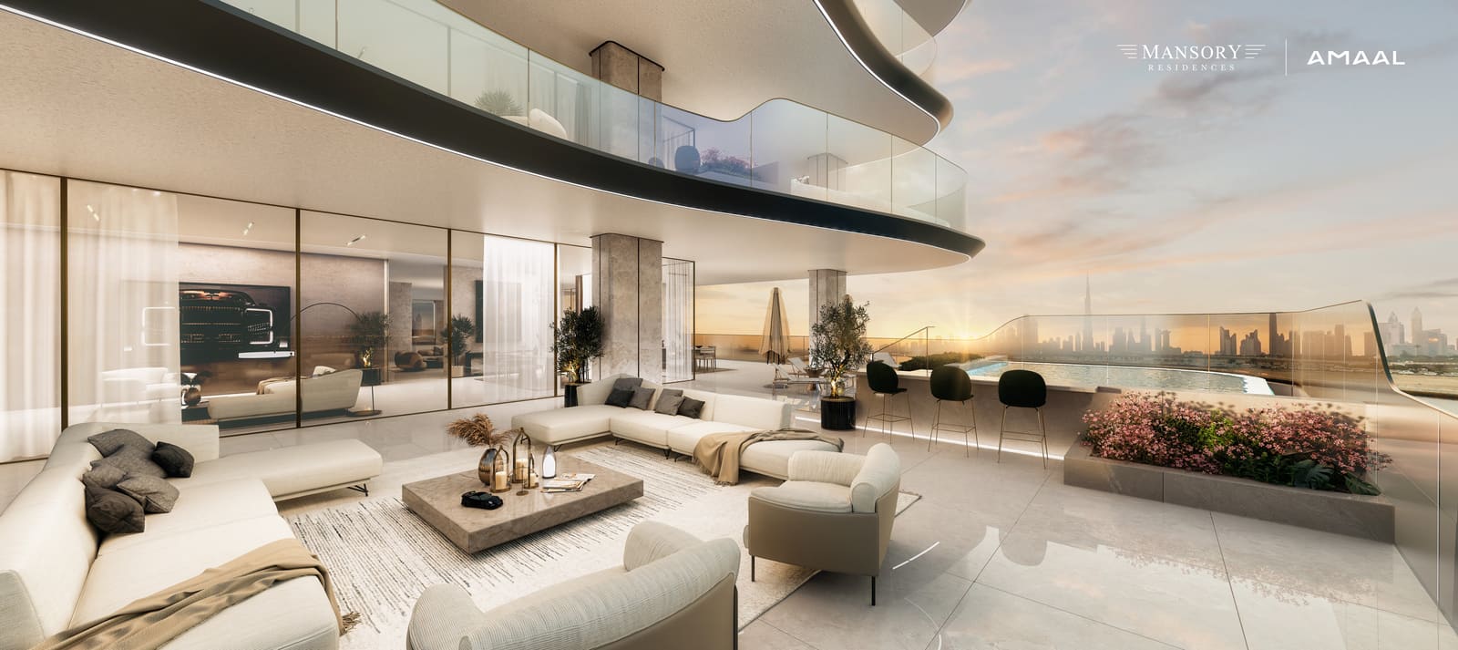 A penthouse terrace lounge at golden hour with the Dubai skyline beyond