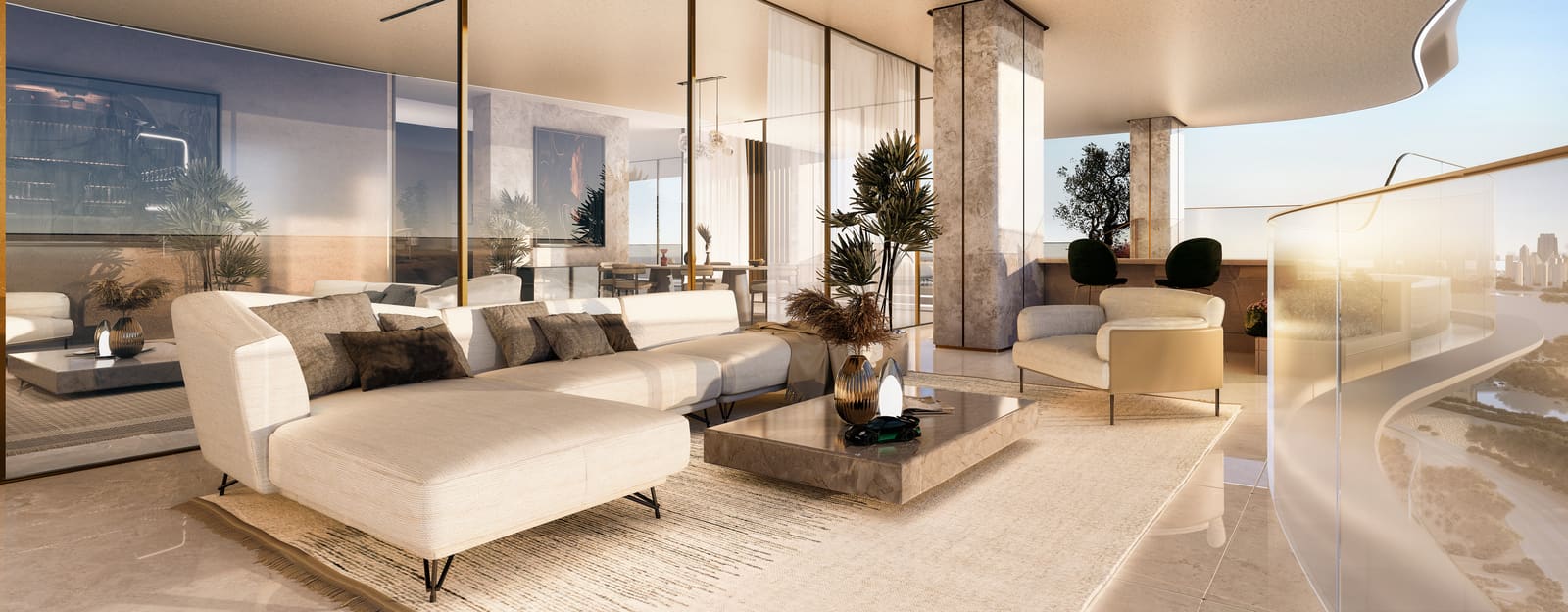 A MANSORY residence opening onto its terrace, with the Dubai skyline beyond