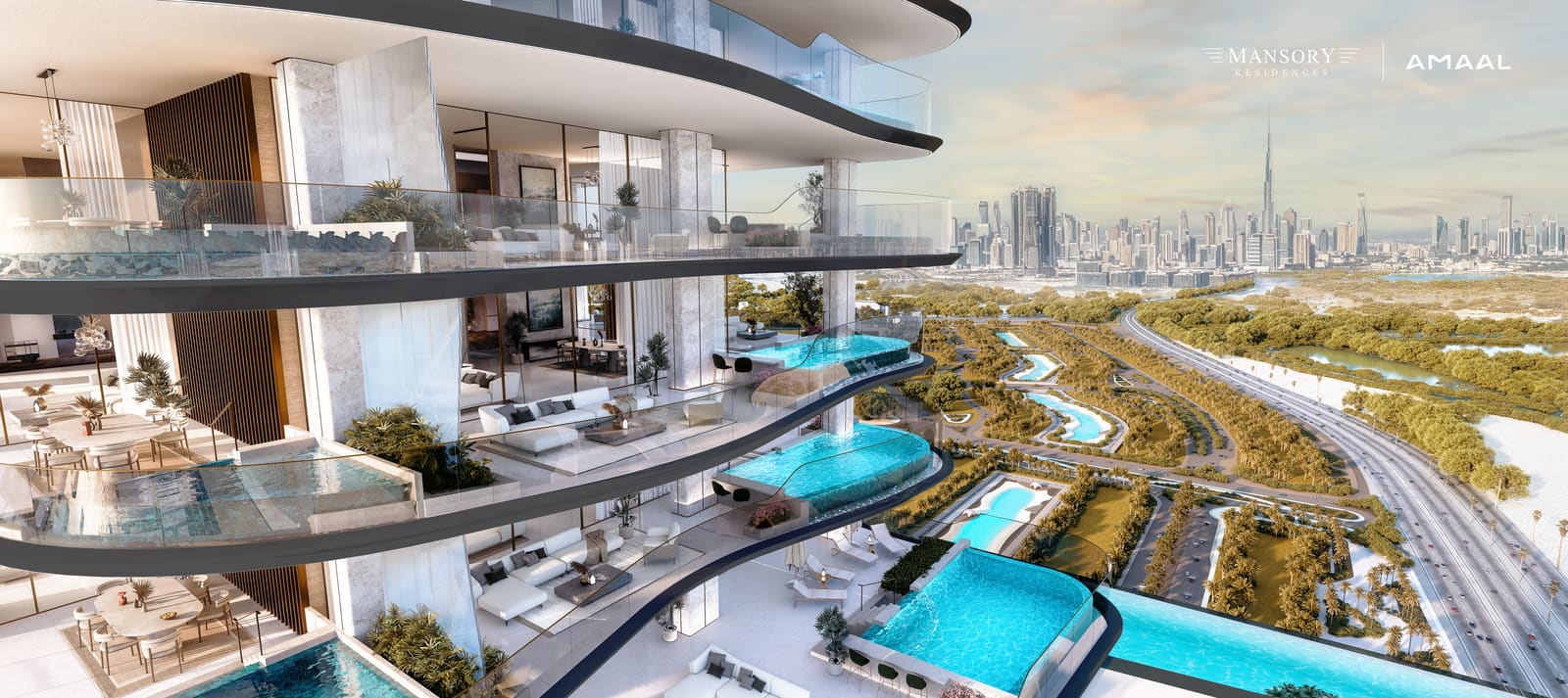 Stacked penthouse terraces with private pools over Downtown Dubai