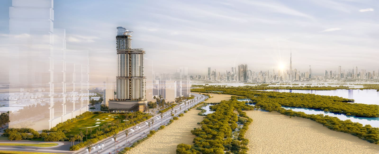 MANSORY Residences across the Ras Al Khor Wildlife Sanctuary towards Downtown Dubai